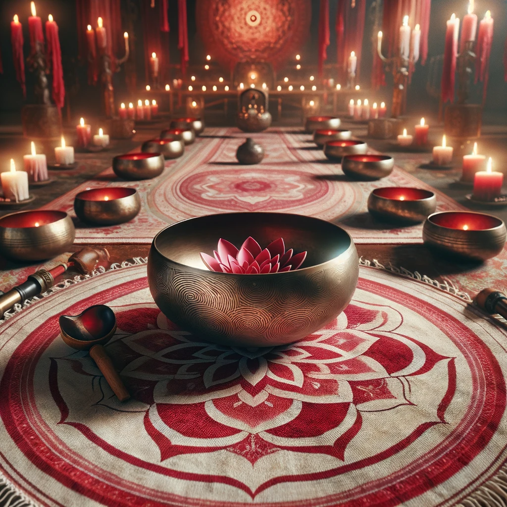 DALL·E 2024-01-30 13.15.13 - A photograph of spirally arranged Tibetan singing bowls on an intricately designed red and white carpet, central focus on a red lotus. The ambient hea