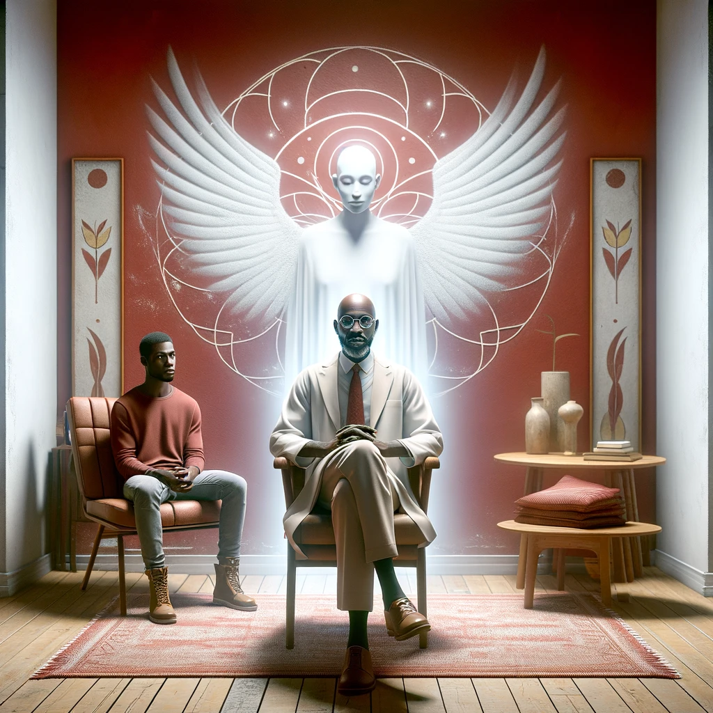 DALL·E 2024-02-03 15.02.45 - An African and Zen-inspired therapist's office, walls adorned with shades of white and red, embodying inner peace. A chair occupies the center of the