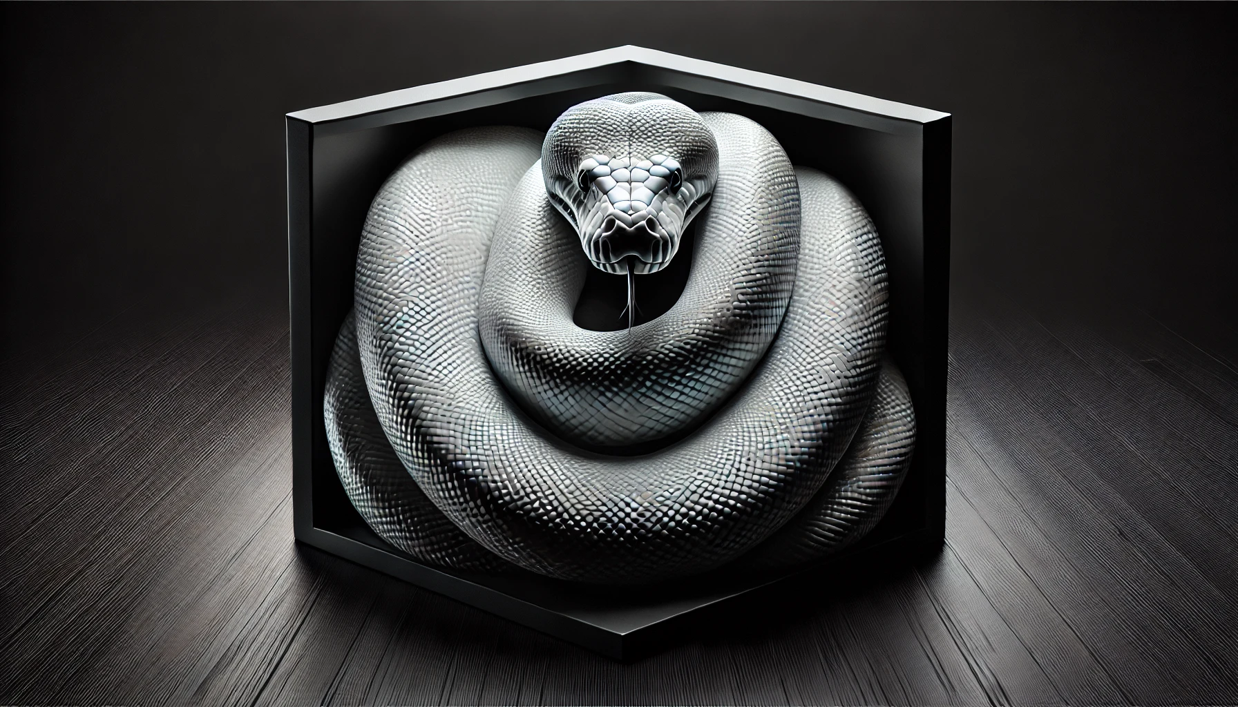 DALL·E 2024-11-22 15.01.20 - A massive black cube sits at the center of the scene, with a gigantic white python coiled tightly around it. The python's smooth, shiny, and iridescen