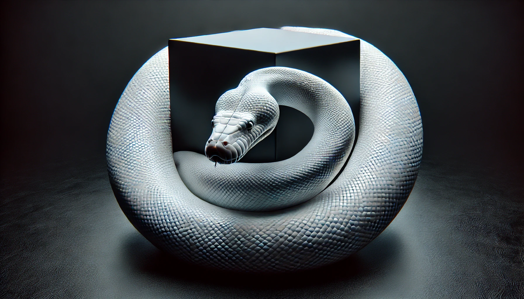 DALL·E 2024-11-22 15.02.30 - A massive black cube sits at the center of the scene, with a gigantic white python coiled tightly around it. The python's smooth, shiny, and iridescen