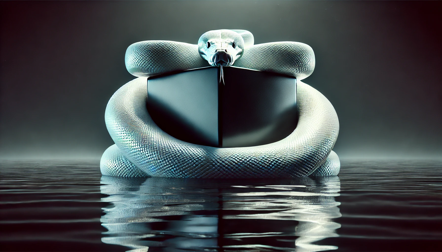 DALL·E 2024-11-22 22.36.03 - A dramatic scene featuring a massive black cube sitting on a calm, reflective water surface. A gigantic white python is coiled tightly around the cube